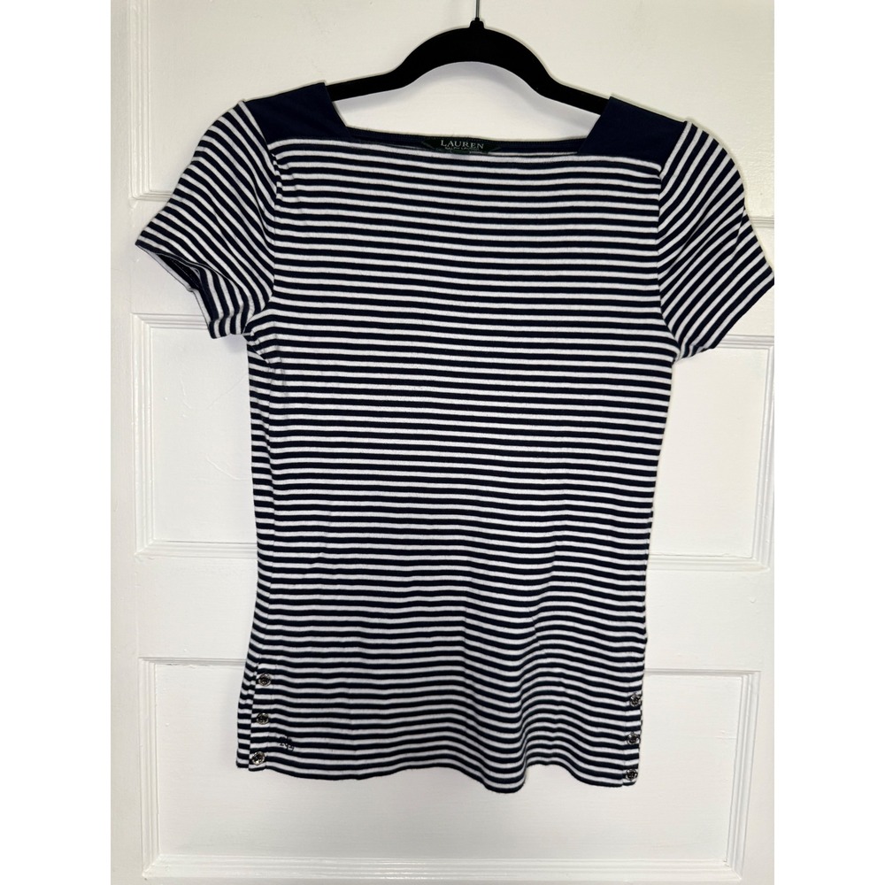 Lauren Ralph Lauren Navy White Striped Boat Neck Top Button Hem Cotton Medium